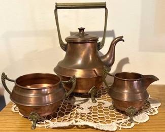 Vintage copper and brass tea set, mid-century Scandinavian.