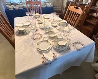 "Silver Anniversary" pattern by Haviland Limoges France. Also embroidered and cut-work table cloths and napkins (many new and available).