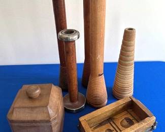 Antique Wooden textile mill bobbins, spools and butter molds.