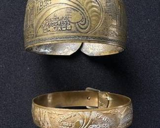 Antique 1933 Chicago World's Fair "Century of Progress" souvenir cuff bracelets.
