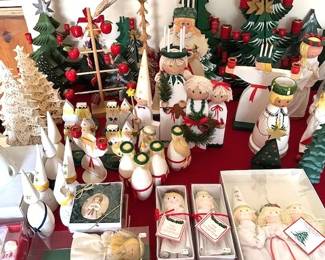 Large collection of vintage Christmas decorations, including Santa Lucia figures.