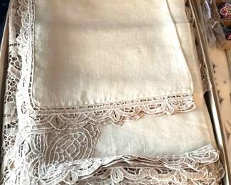 Large collection of linen tablecloths, napkins, etc. including lace, cutout, embroidered, linen, etc