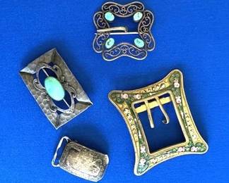 Vintage Belt Buckles including Art Nouveau styles, enamel and floral motifs.