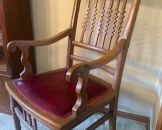 Victorian-era antique spiral oak captains chair (2 available and 3 matching upright chairs.