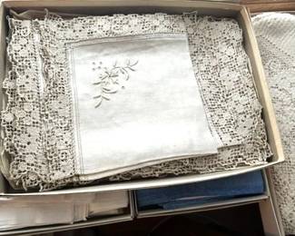 Large collection of linen tablecloths, napkins, etc. including lace, cutout, embroidered, linen, etc