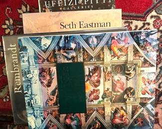 Many Large Coffee table Artist's books, including Uffizi, Seth Eastman, and Rembrandt, DaVinci.