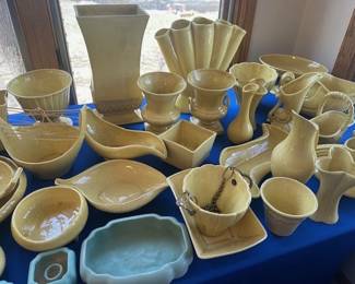Collection of vintage yellow art pottery, including Weller, McCoy and primarily Red Wing.