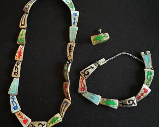 Vintage Taxco Sterling Silver inlay necklace and bracelet set.