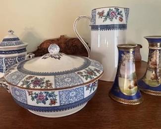 Small on left (Grindley reversed stenciled sugar dish, 1840s-1860s, Front Soup Tureen  and pitcher by Booths Silicon China and Noritake candlestick holder and Hat pin display vase.