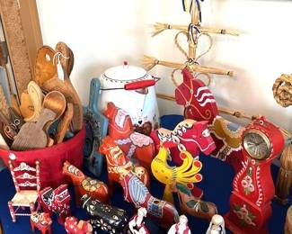 Large collection of traditional Swedish folk art, primarily Dala horses.