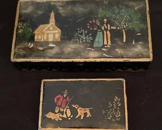 Hand painted folk art metal trinketboxes.