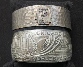 Antique 1933 Chicago World's Fair "Century of Progress" souvenir cuff bracelets.