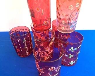 Vintage Cranberry Glass tumblers featuring hand-painted floral and filt.
