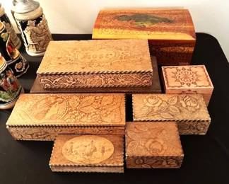 Vintage Flemish Pyrography folk art burnt wood boxes.
