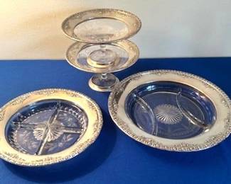 Wallace cut glass and sterling silver serving platters.