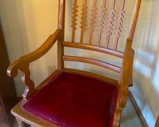 Victorian-era antique spiral oak captains chair (2 available and 3 matching upright chairs.