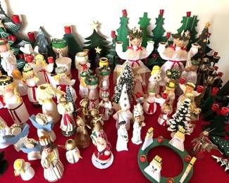 Large collection of vintage Christmas decorations, including Santa Lucia figures.