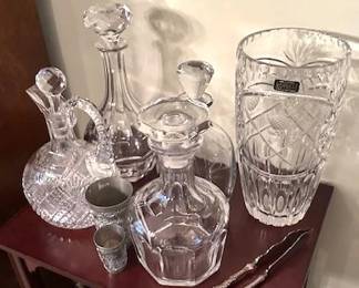 Vintage cut crystal decanters and vase, including "Rovelli"