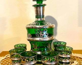 Murano glass liqueur set with sterling silver overlay.