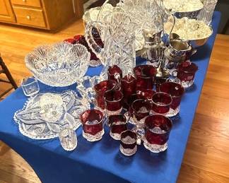 Collection of vintage glassware, including American Brillian Period cut crystal and ruby red stained glass items.