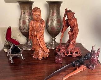 Vintage Chinese wood carvings and brass vases.