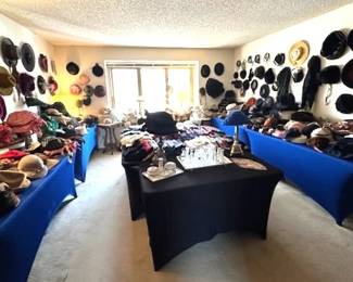 This is a full room of antique and vintage hats, also scarves, gloves, small bags, hankees, etc.