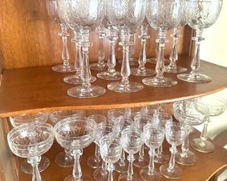  1930s to 1940s Rock Sharpe crystal "Frontenac" pattern water goblets, champagne and cordial stemware.
