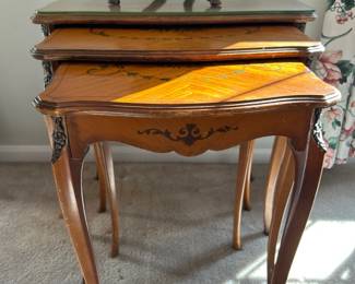 Vintage Nesting Tables with Decorative Inlay and Bronze Bull Figurine second image