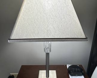 Modern Brushed Nickel Table Lamp with Trapezoidal Shade and Faux Marble Accent