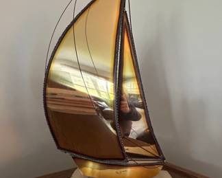 Signed DeMott Brass and Stained Glass Sailboat Sculpture on Onyx Base