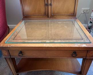 Vintage Wood Side Table with Glass Top and Drawer