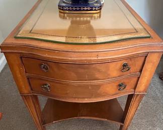 Vintage Mahogany Side Table with Glass Top and Two Drawers