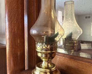 Brass Oil Lamp with Amber Glass Shade