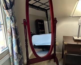 Oval Cheval Mirror with Cherry Finish and Greek Key Motif