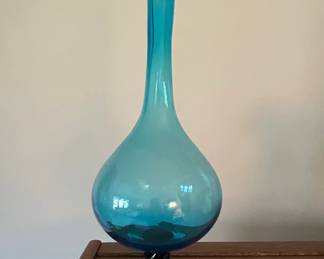 Large Blenko Aqua Blue Genie Bottle with Twisted Dark Stopper