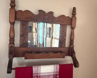 Antique Oak Shaving Mirror with Towel Bar