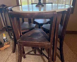 Antique Oak Dining Set with Marble Top Table and Four Chairs