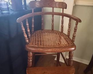 Antique Oak Spindle Cane Seat High Chair