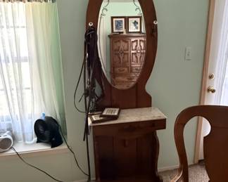 Antique Wooden Hall Tree with Mirror and Marble Top