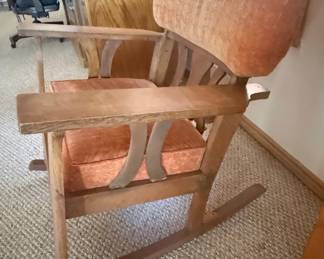 Antique Arts and Crafts Mission Oak Rocking Chair with Carved Accents second image