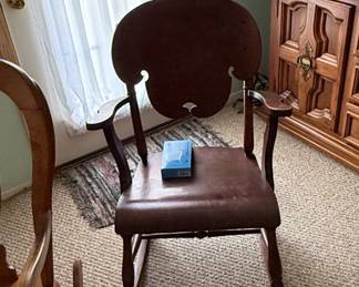 Antique Quartersawn Oak Rocking Chair with Embossed Leather Seat