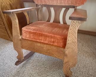 Antique Arts and Crafts Mission Oak Rocking Chair with Carved Accents