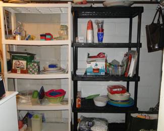 Stuff on storage shelves is for sale, and the shelving too