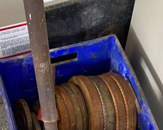 Box of vintage barbell weights