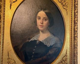 MRS. STUART OIL ON CANVAS, FIRST HALF OF THE 19th CENTURY BY JANE STUART, AMERICAN ® THE SITTER WAS THE SISTER-IN-LAW OF THE PAINTER, JANE STUART AND THE DAUGHTER-IN-LAW OF THE RENOWNED GILBERT STUART. THE PAINTING HAS ALL THE FINE CHARACTERISTICS OF PAINTINGS DONE BY THE STUARTS. IN PARTICULAR, NOTE THE CAMEO AND CAMEO BUTTONS WORN BY THE SITTER AND FRAMED SEPERATELY. ORIGINAL FRAME.