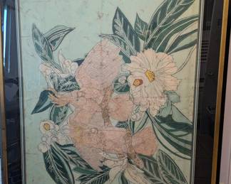 58" x 72" art depicting cockatiels with floral 