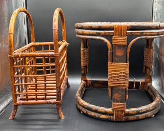23 VintageTortoisePatinaBambooSideTableMagazineRackSet