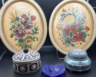 5 VintageDecorLotFloralPrintsMusicBoxPowderJarHeartBox