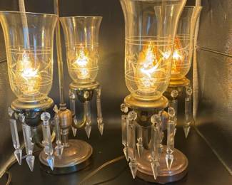 1 VintageBrassBoudoirLampswCrystalsEtchedGlassPair