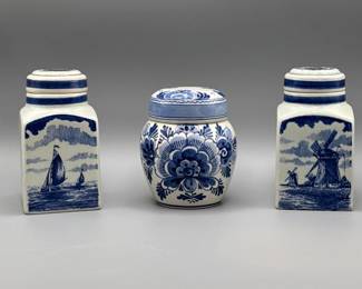 16 DelftBlueCanisterSet3PcJarWindmillSailboatHolland